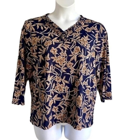 Bon Worth Navy Top with Floral Design Large - Picture 1 of 6